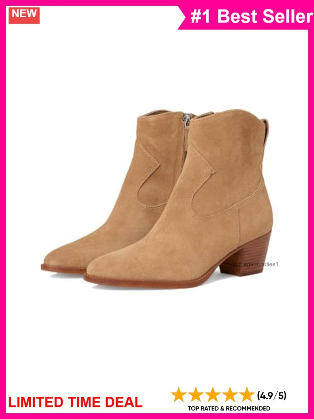 Western Suede Mid-Calf Boots Almond Toe Stacked Block Heel